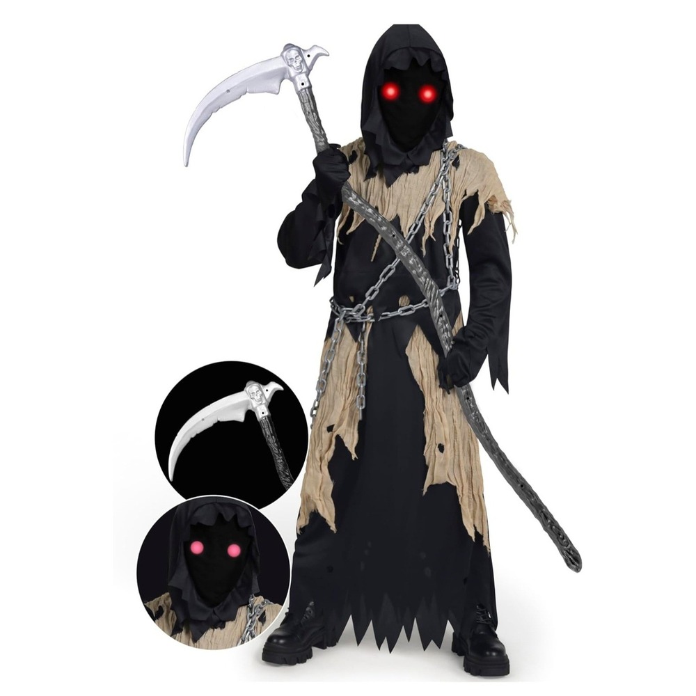 Kids Glowing Eyes Grim Reaper Costume with Light Up Glasses Gloves, Hood & Chain - Picture 2 of 6